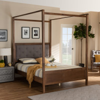 Baxton Studio MG0021-Gray/Walnut-King Natasha Modern and Contemporary Grey Fabric Upholstered and Walnut Brown Finished Wood King Size Platform Canopy Bed